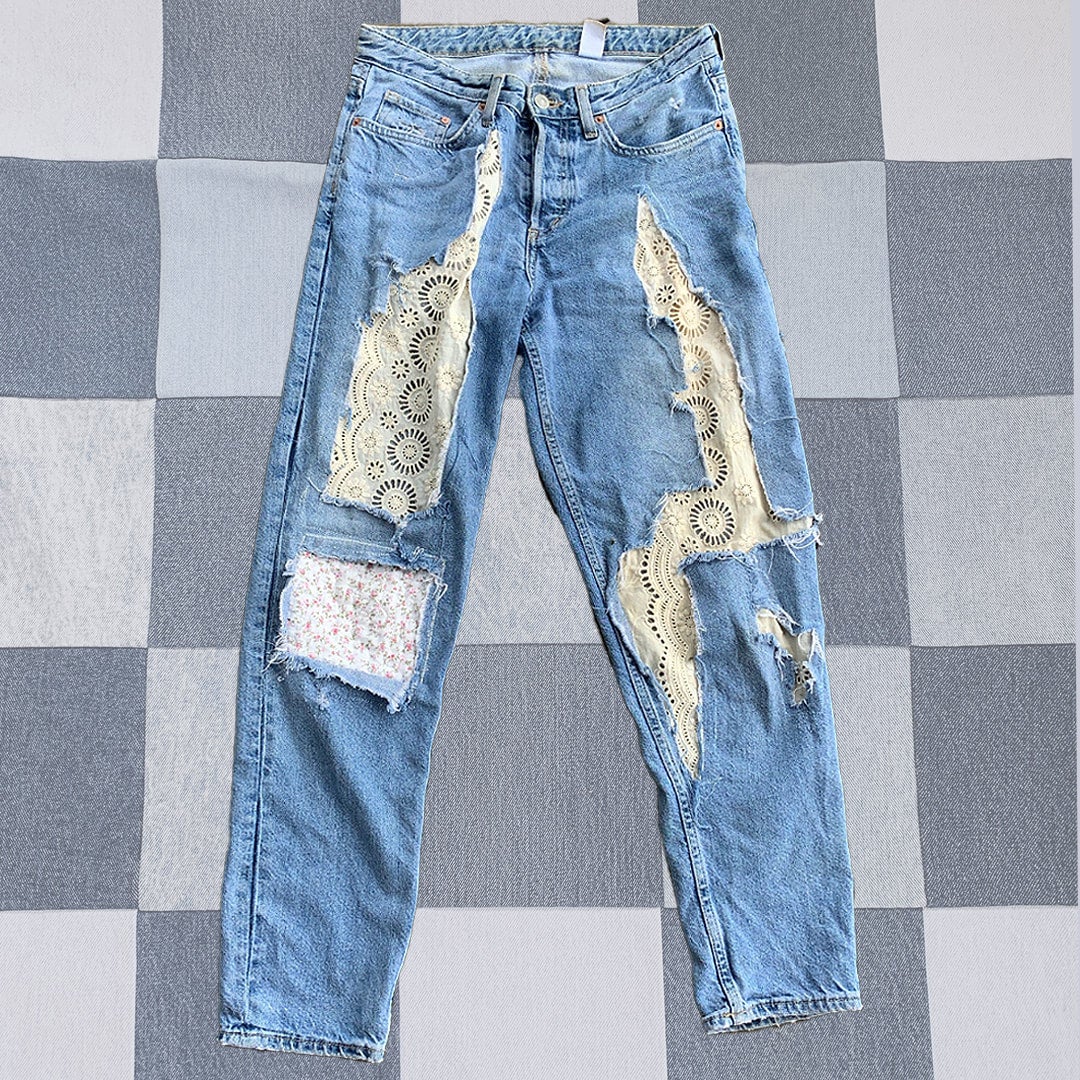 Custom White Patchwork, Embroidered, & Painted Denim Jeans | RE.STATEMENT |  The Upcycled Fashion Marketplace